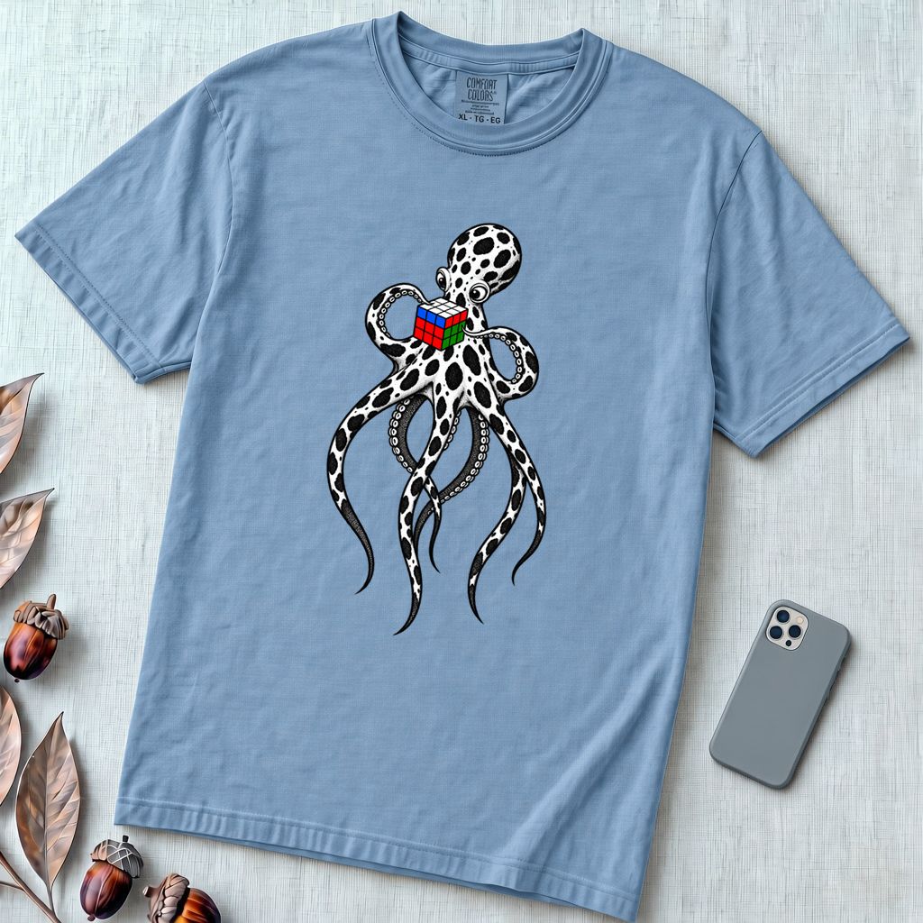 Spotted Octopus Rubik's Cube T-Shirt - Washed Denim unfolded t-shirt mockup