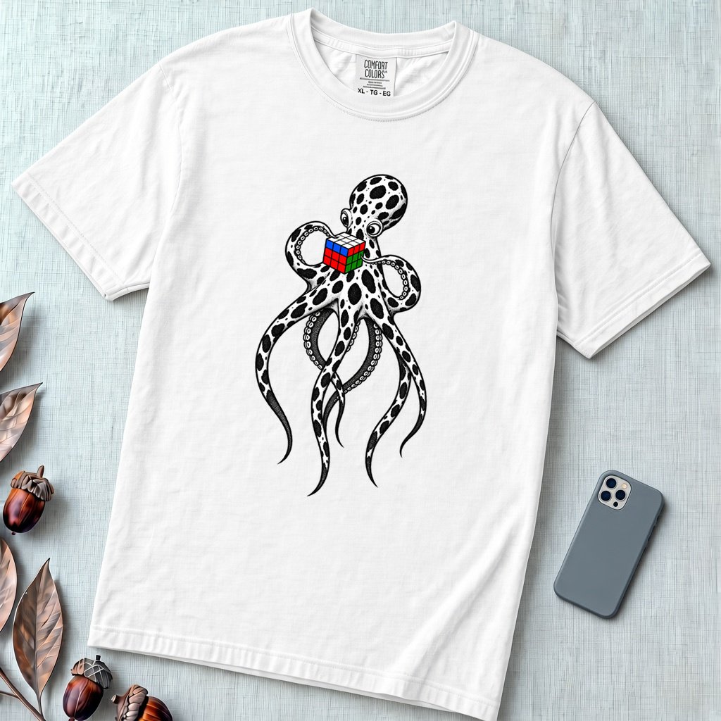 Spotted Octopus Rubik's Cube T-Shirt - White unfolded t-shirt mockup