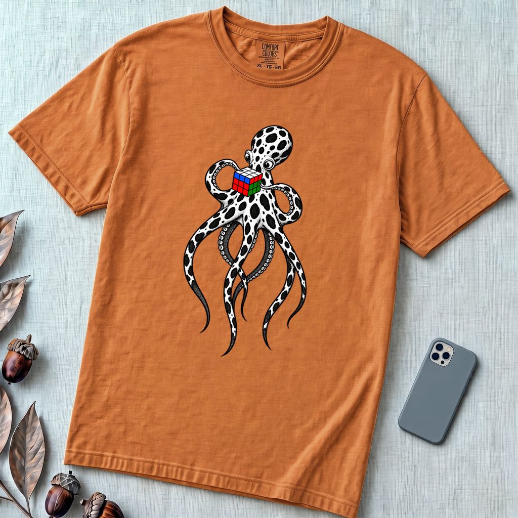 Spotted Octopus Rubik's Cube T-Shirt - Yam unfolded t-shirt mockup