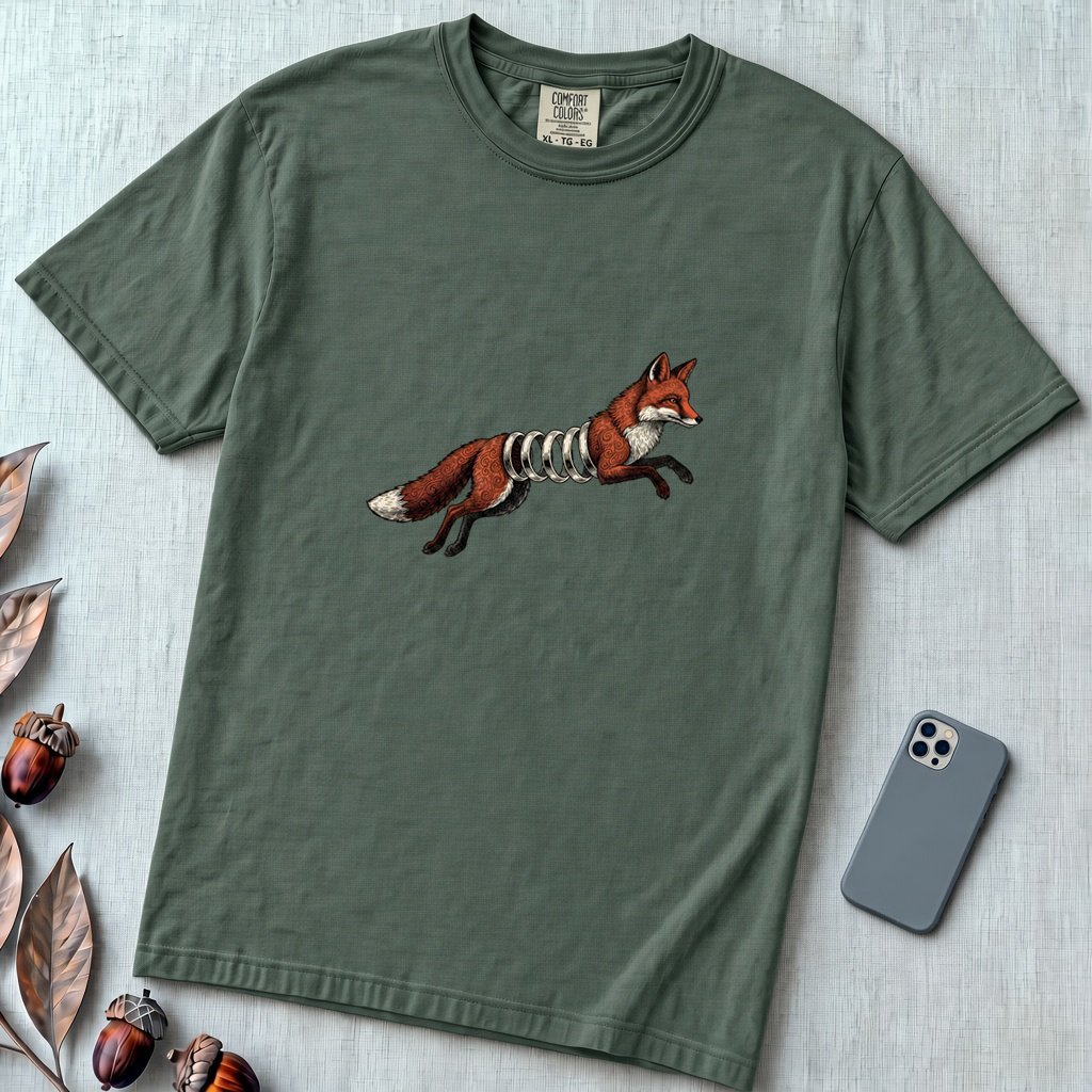 Spring-Loaded Fox Graphic Tee, Slinky Fox - Blue Spruce unfolded t-shirt mockup