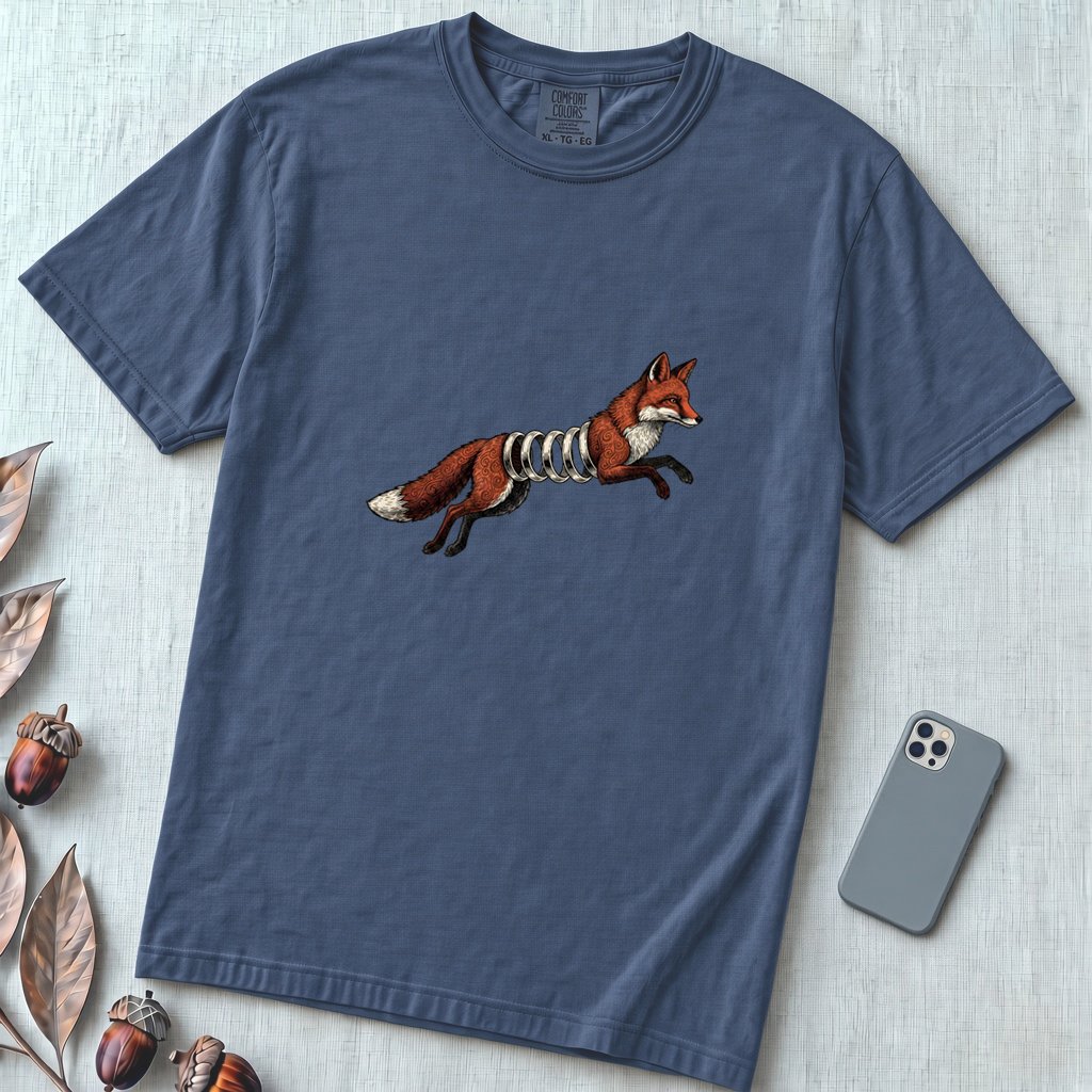 Spring-Loaded Fox Graphic Tee, Slinky Fox - Denim unfolded t-shirt mockup