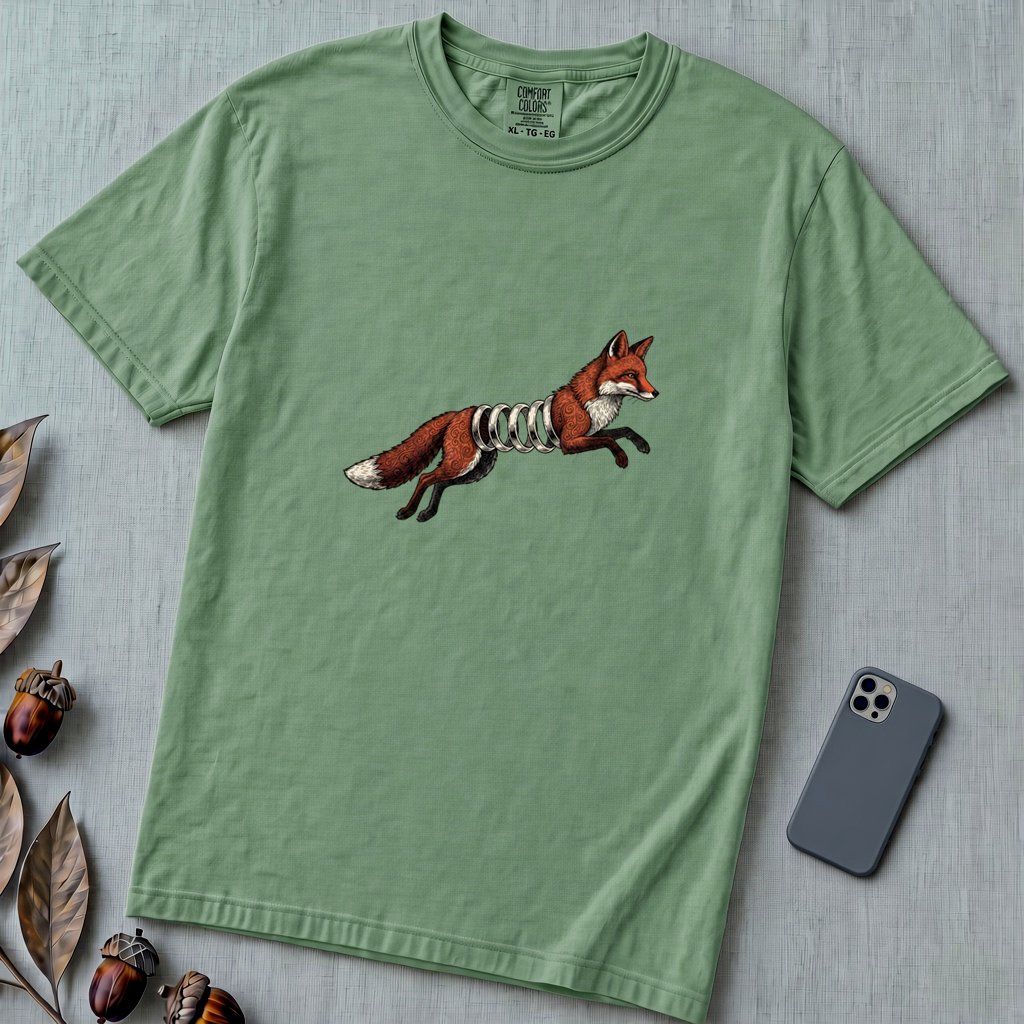 Spring-Loaded Fox Graphic Tee, Slinky Fox - Light Green unfolded t-shirt mockup