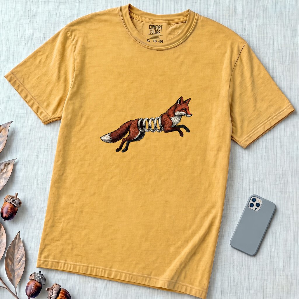 Spring-Loaded Fox Graphic Tee, Slinky Fox - Mustard unfolded t-shirt mockup