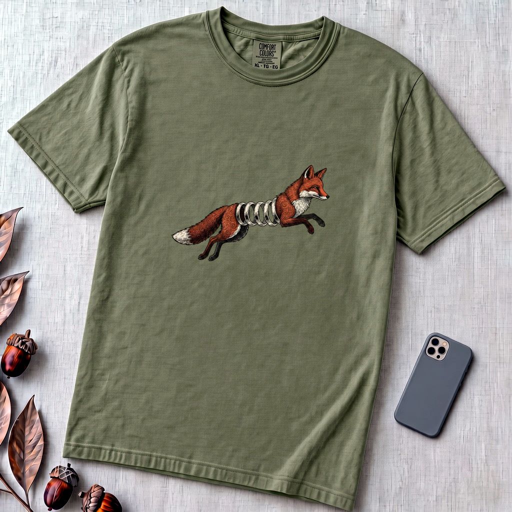Spring-Loaded Fox Graphic Tee, Slinky Fox - Sage unfolded t-shirt mockup