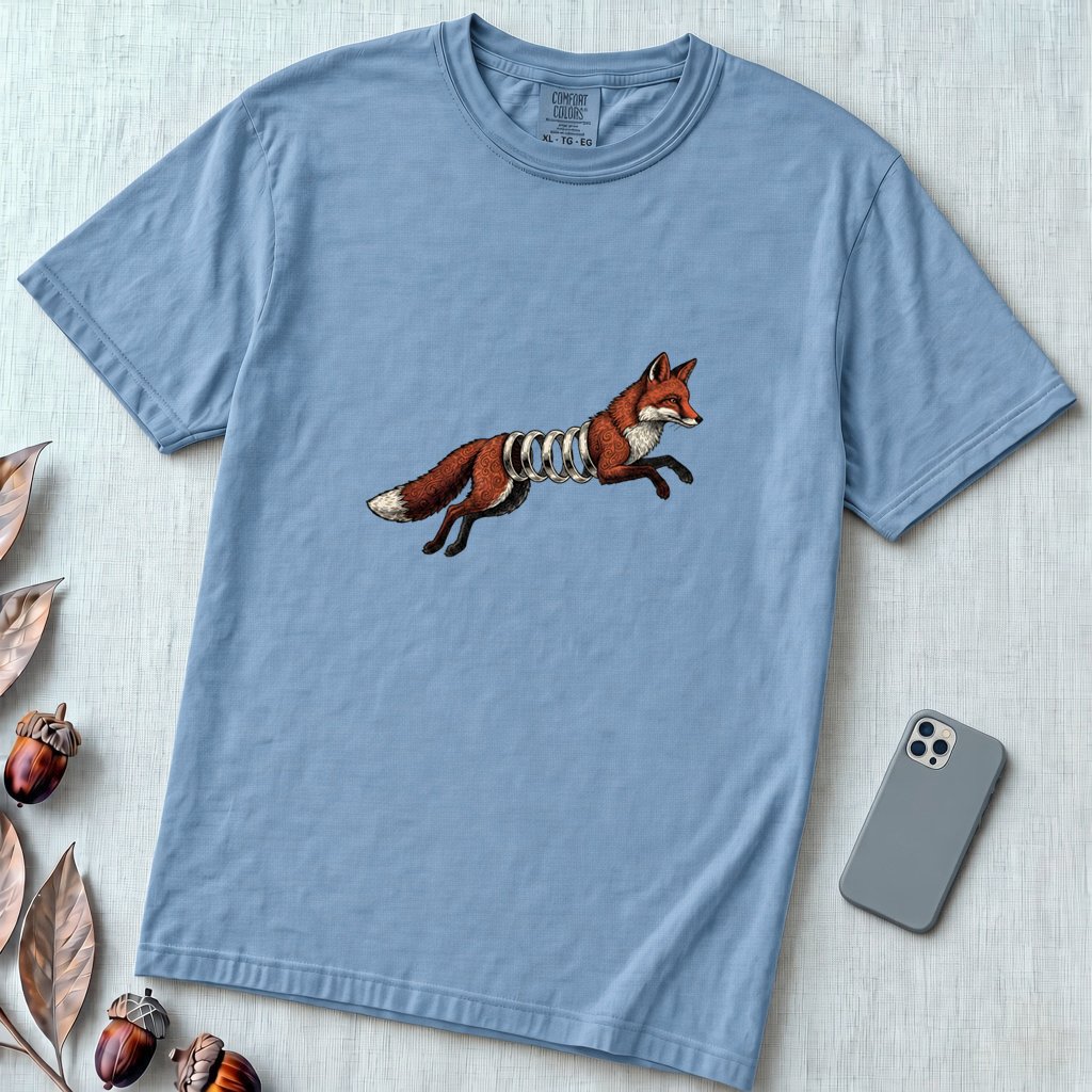 Spring-Loaded Fox Graphic Tee, Slinky Fox - Washed Denim unfolded t-shirt mockup