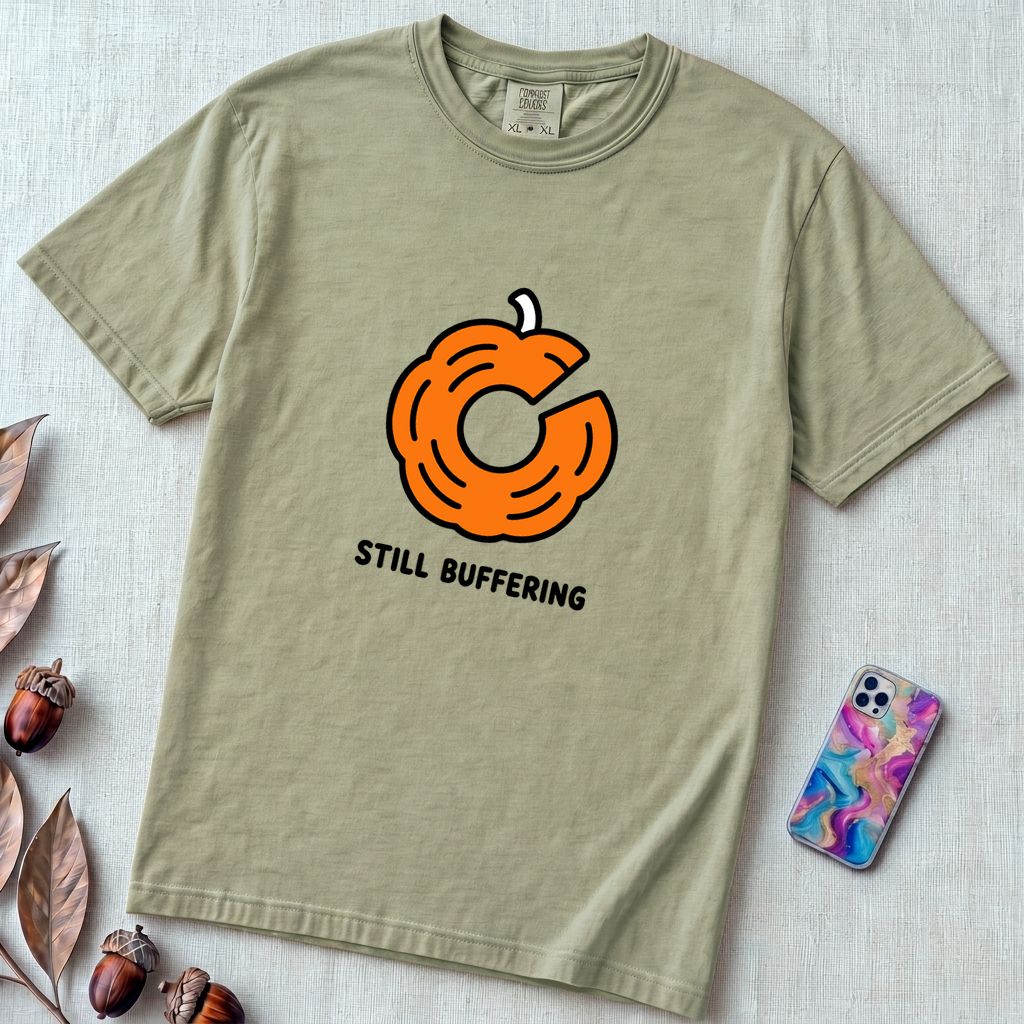 Still Buffering Pumpkin T-Shirt for Halloween - Bay unfolded t-shirt mockup