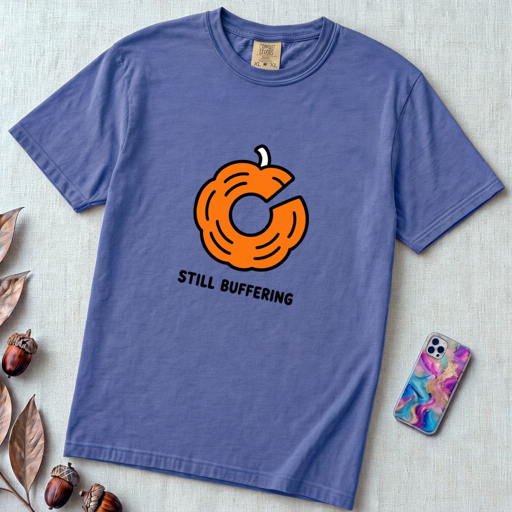 Still Buffering Pumpkin T-Shirt for Halloween - Flo Blue unfolded t-shirt mockup