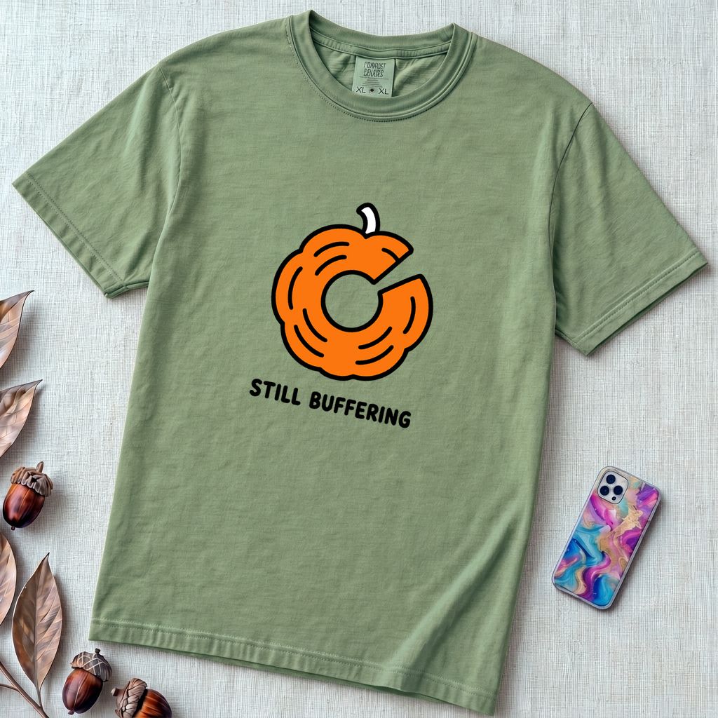 Still Buffering Pumpkin T-Shirt for Halloween - Light Green unfolded t-shirt mockup