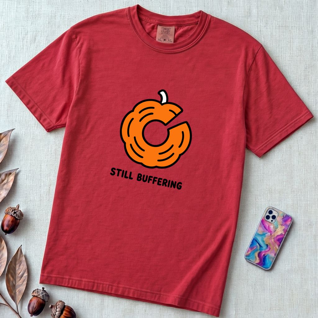 Still Buffering Pumpkin T-Shirt for Halloween - Red unfolded t-shirt mockup