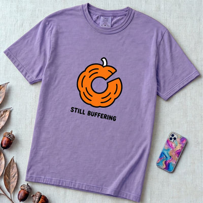 Still Buffering Pumpkin T-Shirt for Halloween - Violet unfolded t-shirt mockup