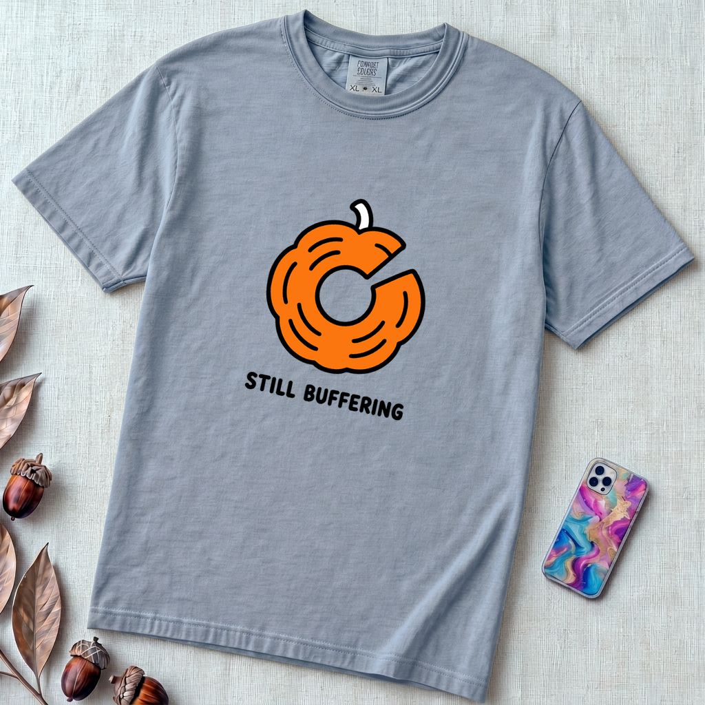 Still Buffering Pumpkin T-Shirt for Halloween - Washed Denim unfolded t-shirt mockup