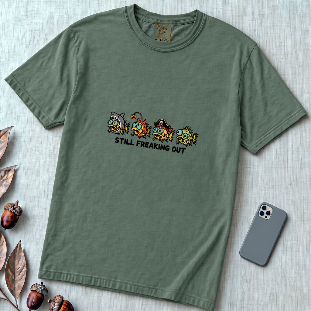 Still Freaking Out Halloween Fish T-Shirt - Blue Spruce unfolded t-shirt mockup