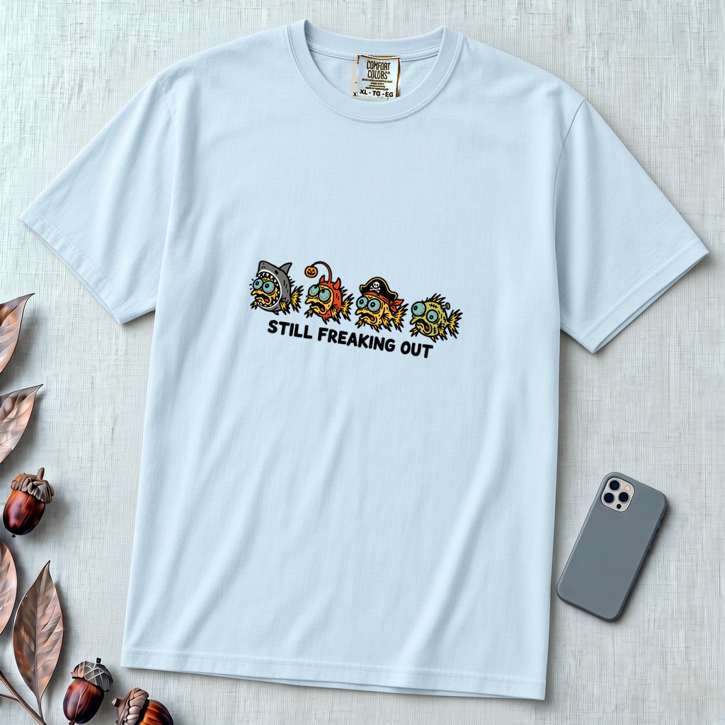 Still Freaking Out Halloween Fish T-Shirt - Chambray unfolded t-shirt mockup