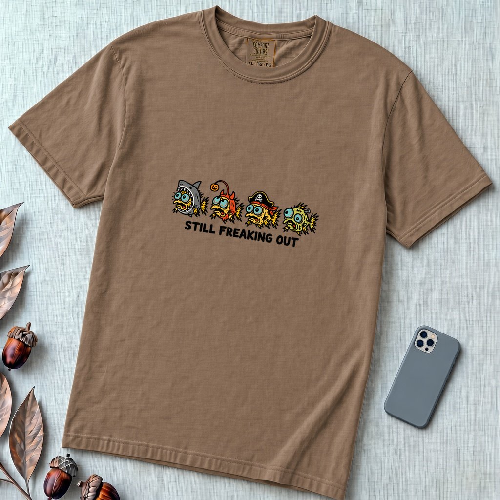 Still Freaking Out Halloween Fish T-Shirt - Espresso unfolded t-shirt mockup