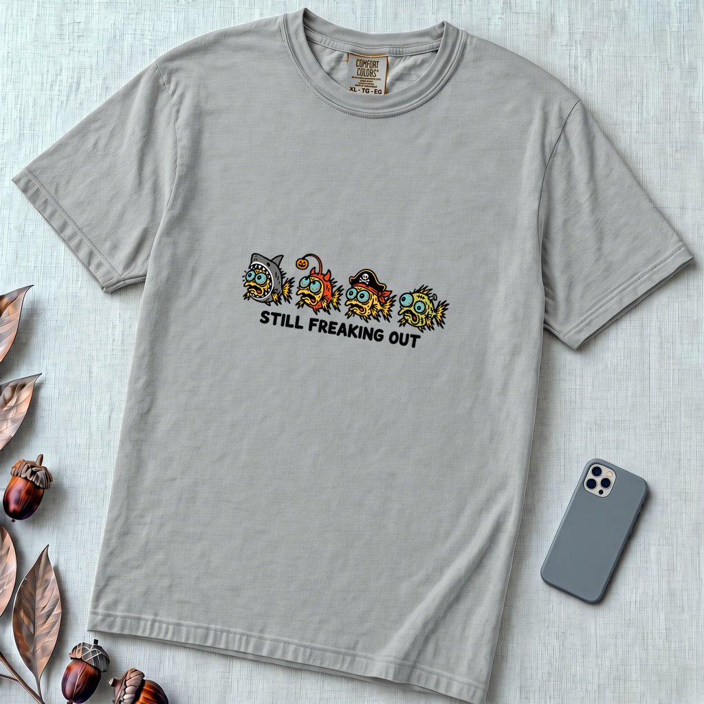Still Freaking Out Halloween Fish T-Shirt - Granite unfolded t-shirt mockup