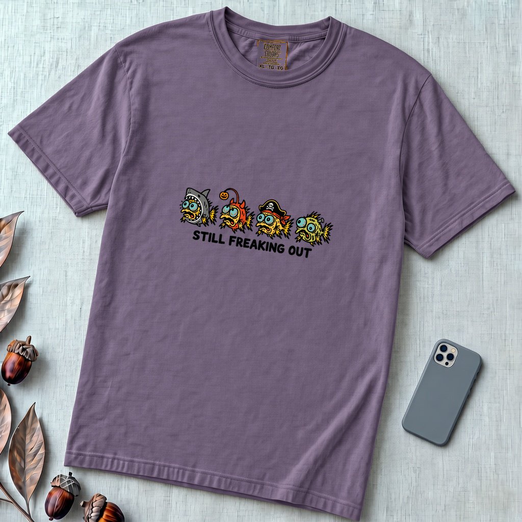 Still Freaking Out Halloween Fish T-Shirt - Grape unfolded t-shirt mockup