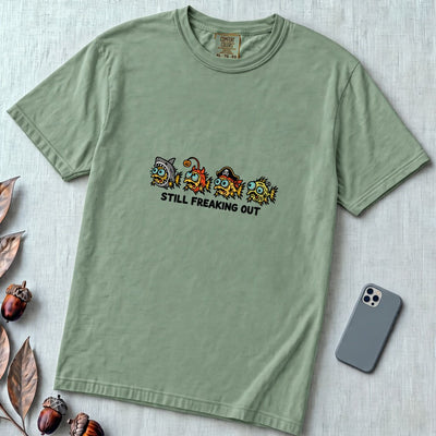 Still Freaking Out Halloween Fish T-Shirt - Light Green unfolded t-shirt mockup