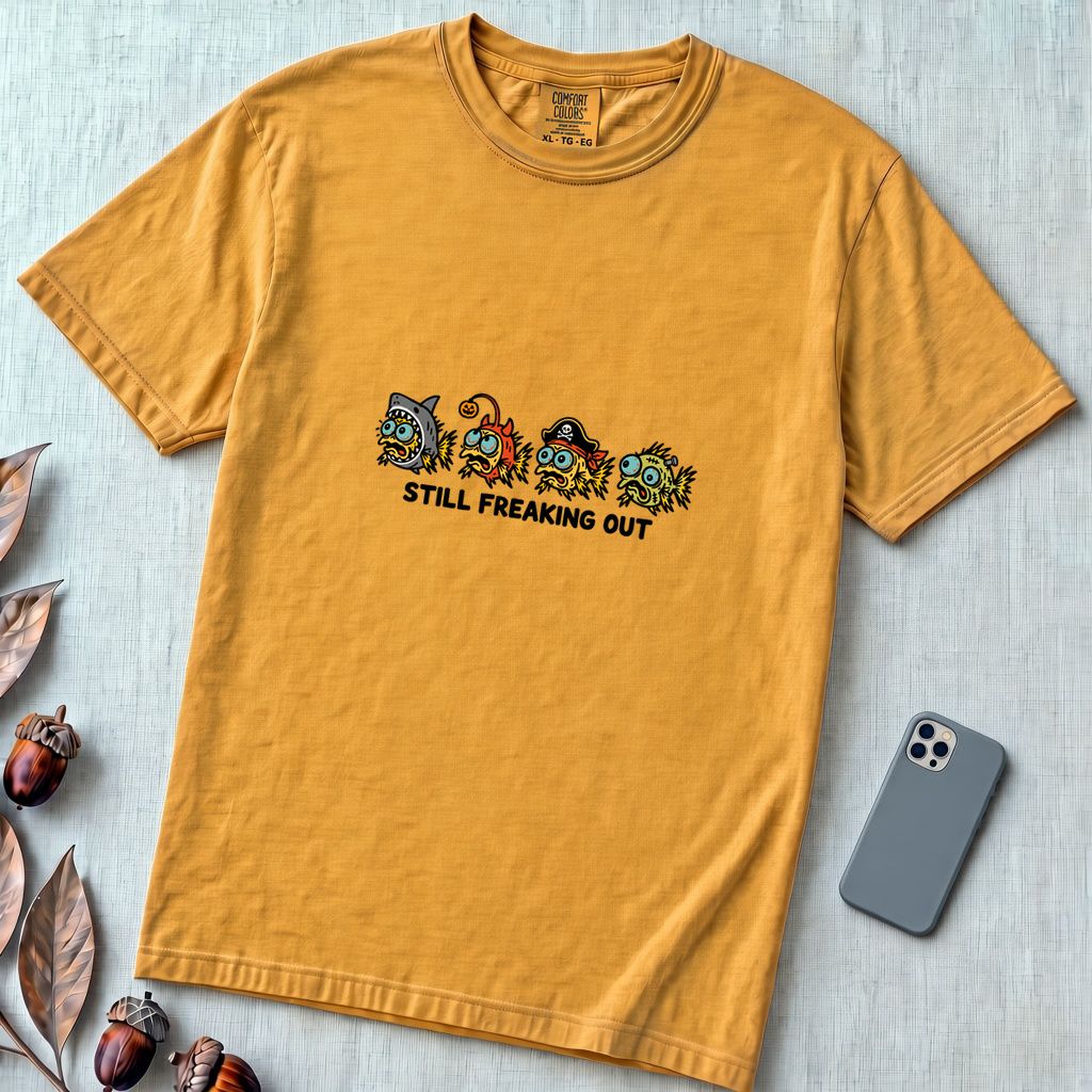 Still Freaking Out Halloween Fish T-Shirt - Mustard unfolded t-shirt mockup