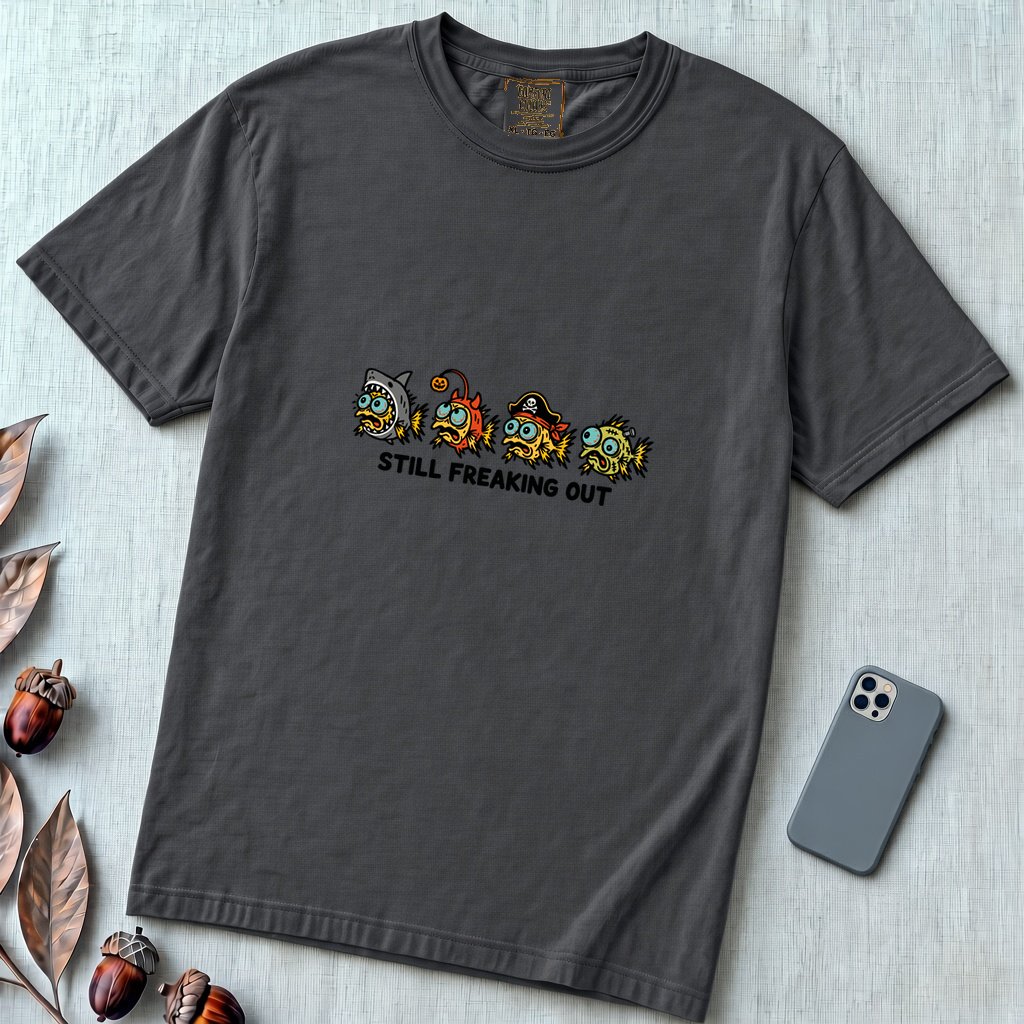 Still Freaking Out Halloween Fish T-Shirt - Pepper unfolded t-shirt mockup