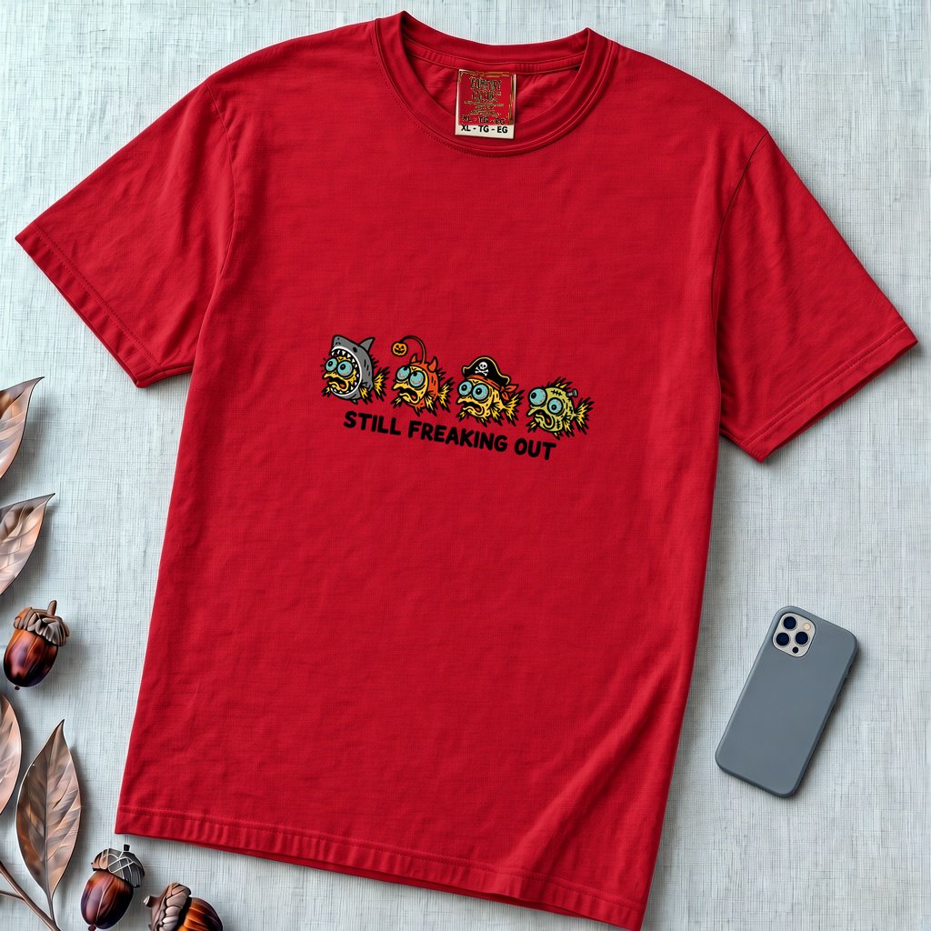 Still Freaking Out Halloween Fish T-Shirt - Red unfolded t-shirt mockup