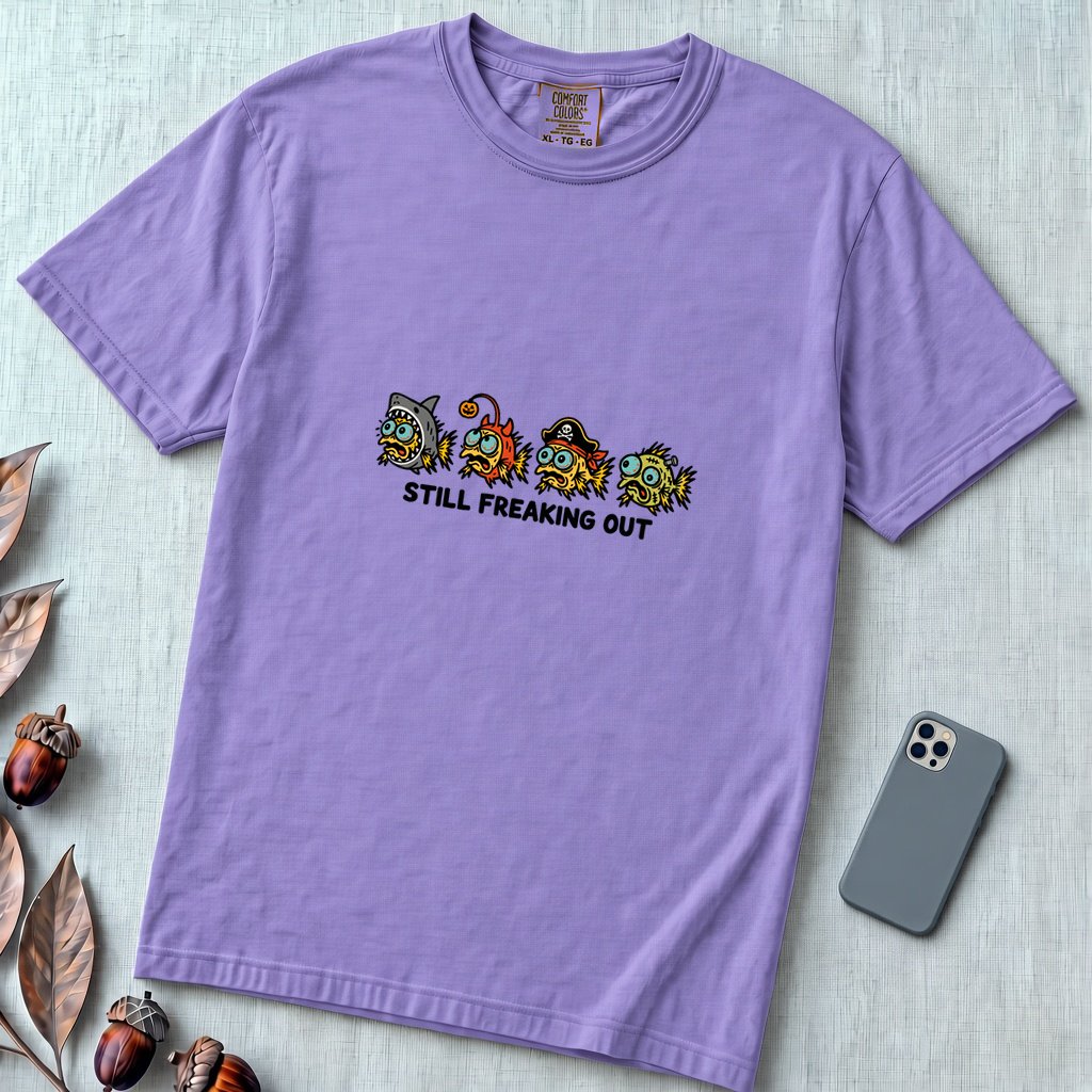 Still Freaking Out Halloween Fish T-Shirt - Violet unfolded t-shirt mockup