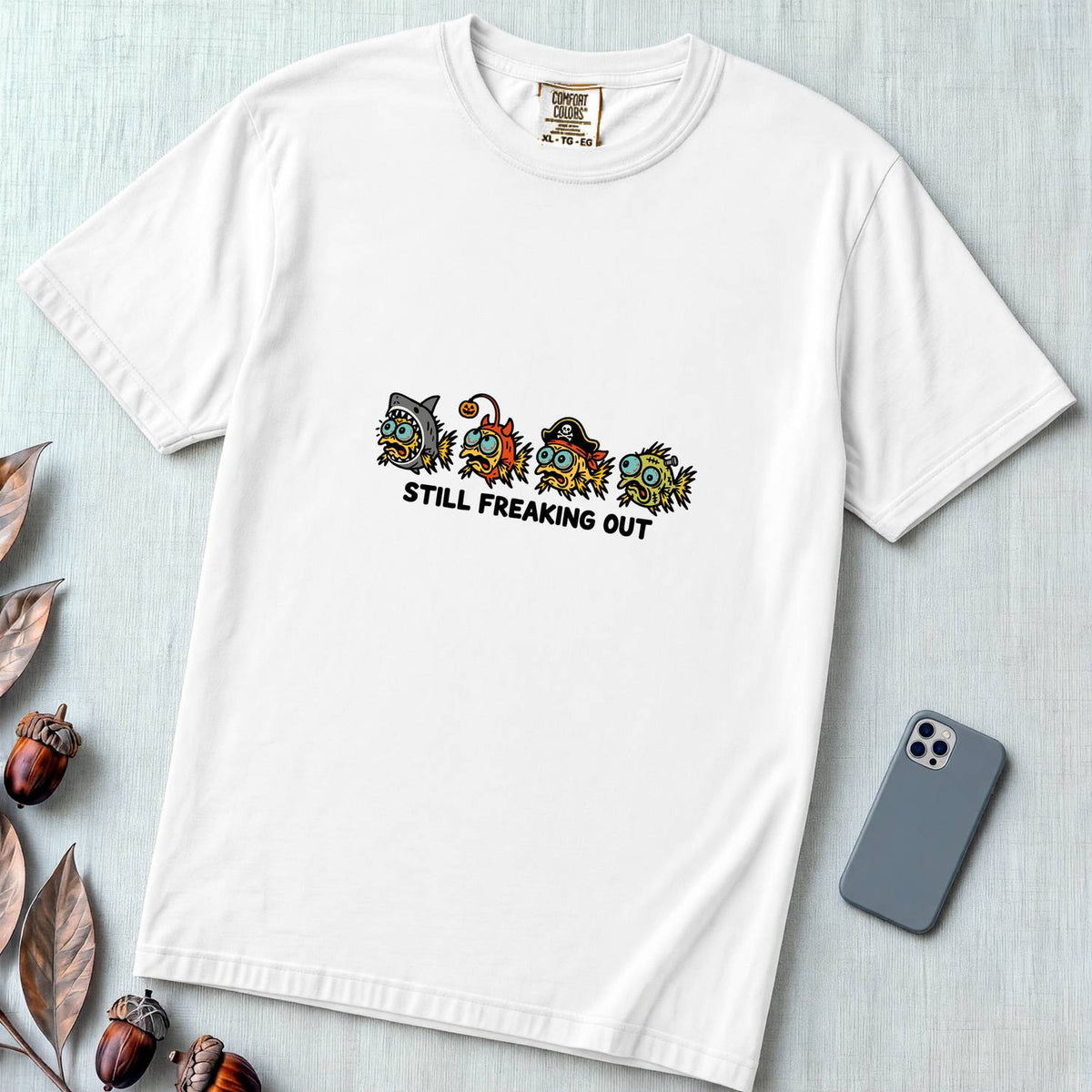 Still Freaking Out Halloween Fish T-Shirt - White unfolded t-shirt mockup