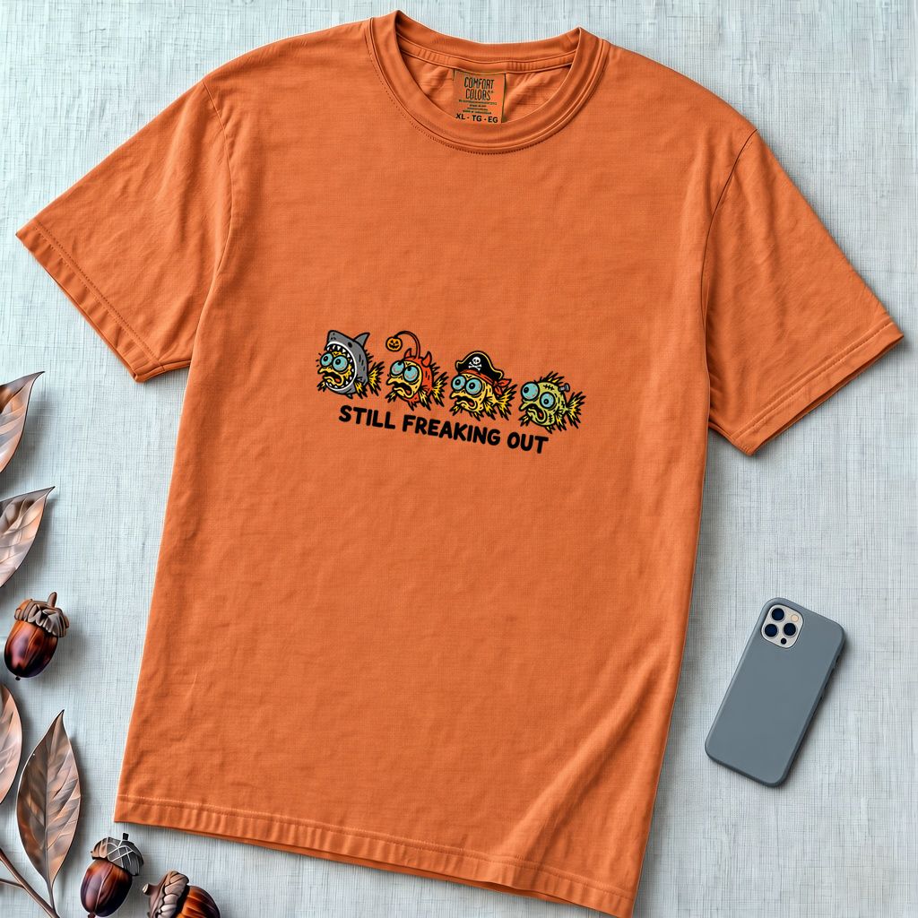 Still Freaking Out Halloween Fish T-Shirt - Yam unfolded t-shirt mockup
