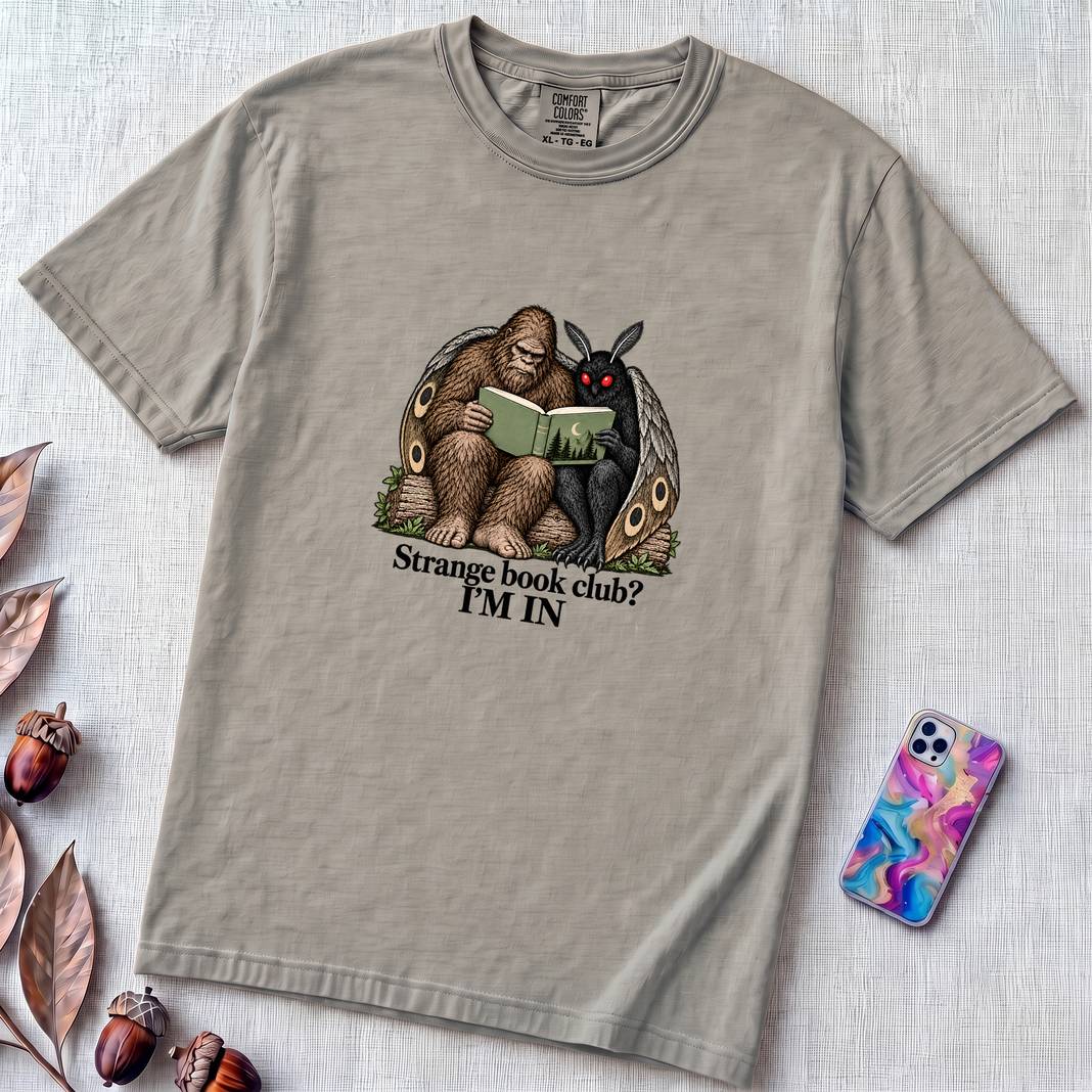 Strange Book Club? I’m In,  Funny Cryptid T-Shirt, Bigfoot and Mothman are reading - Granite unfolded t-shirt mockup