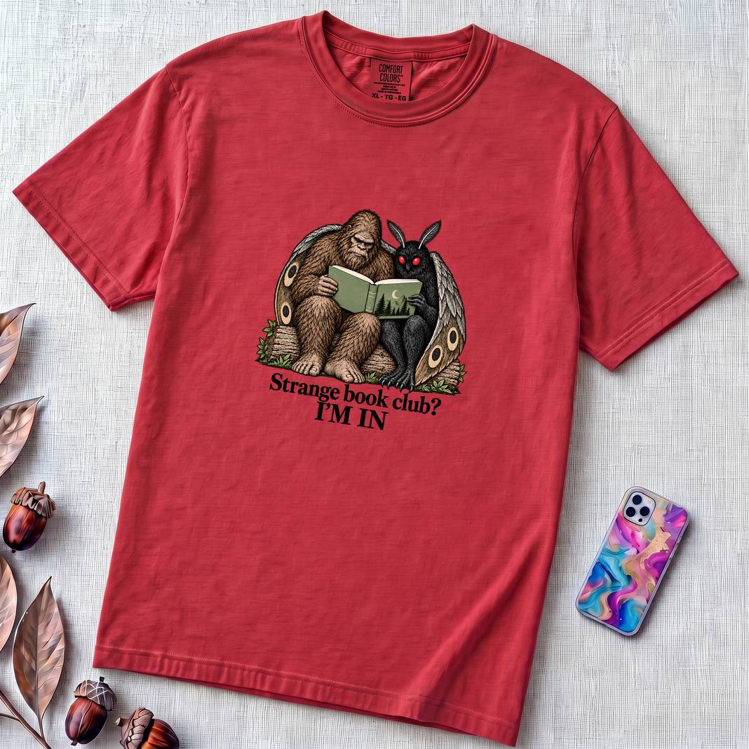 Strange Book Club? I’m In,  Funny Cryptid T-Shirt, Bigfoot and Mothman are reading - Red unfolded t-shirt mockup