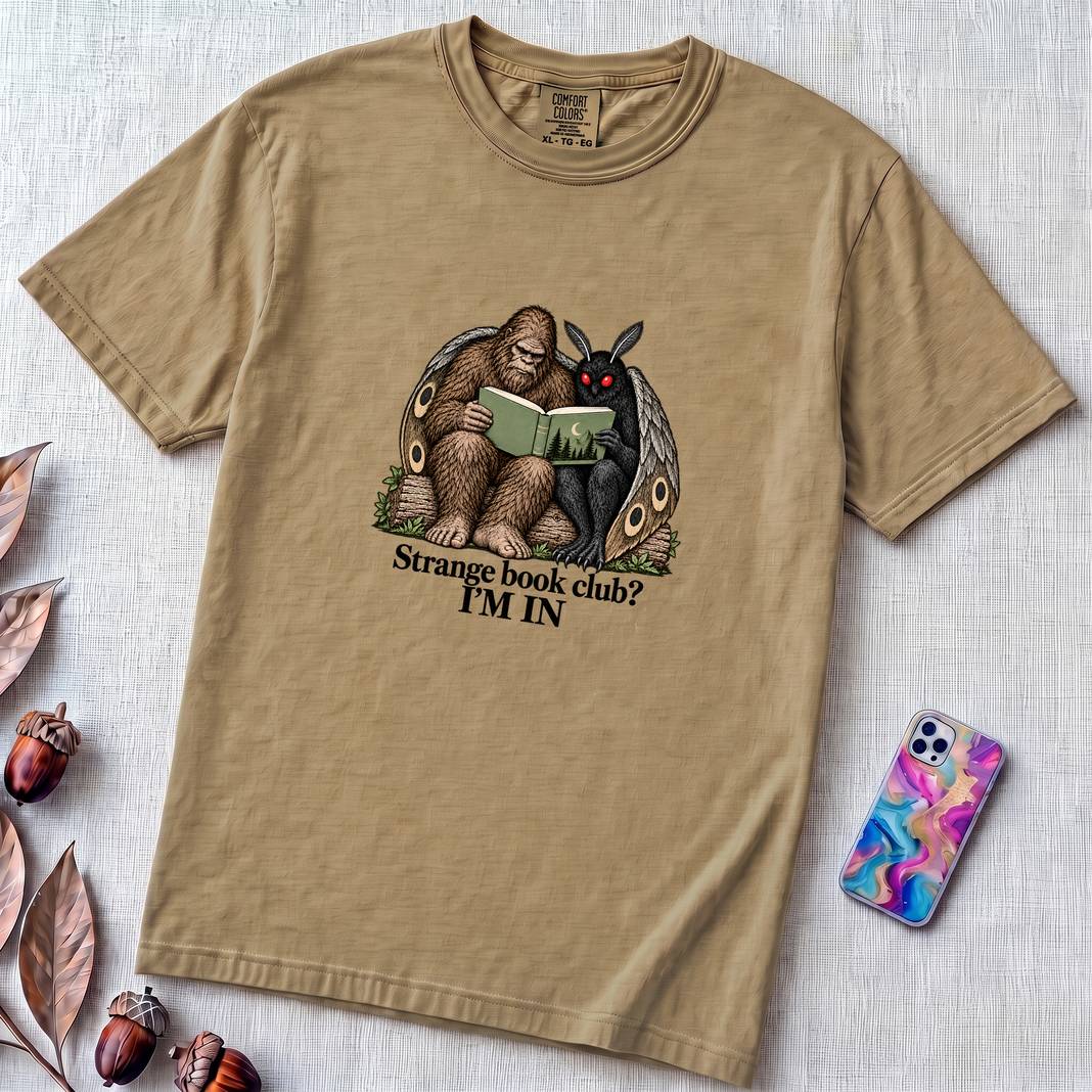 Strange Book Club? I’m In,  Funny Cryptid T-Shirt, Bigfoot and Mothman are reading - Sandstone unfolded t-shirt mockup