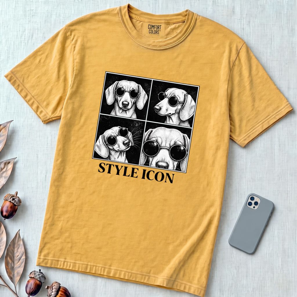 Style Icon Dachshund T-Shirt - Mustard unfolded t-shirt mockup