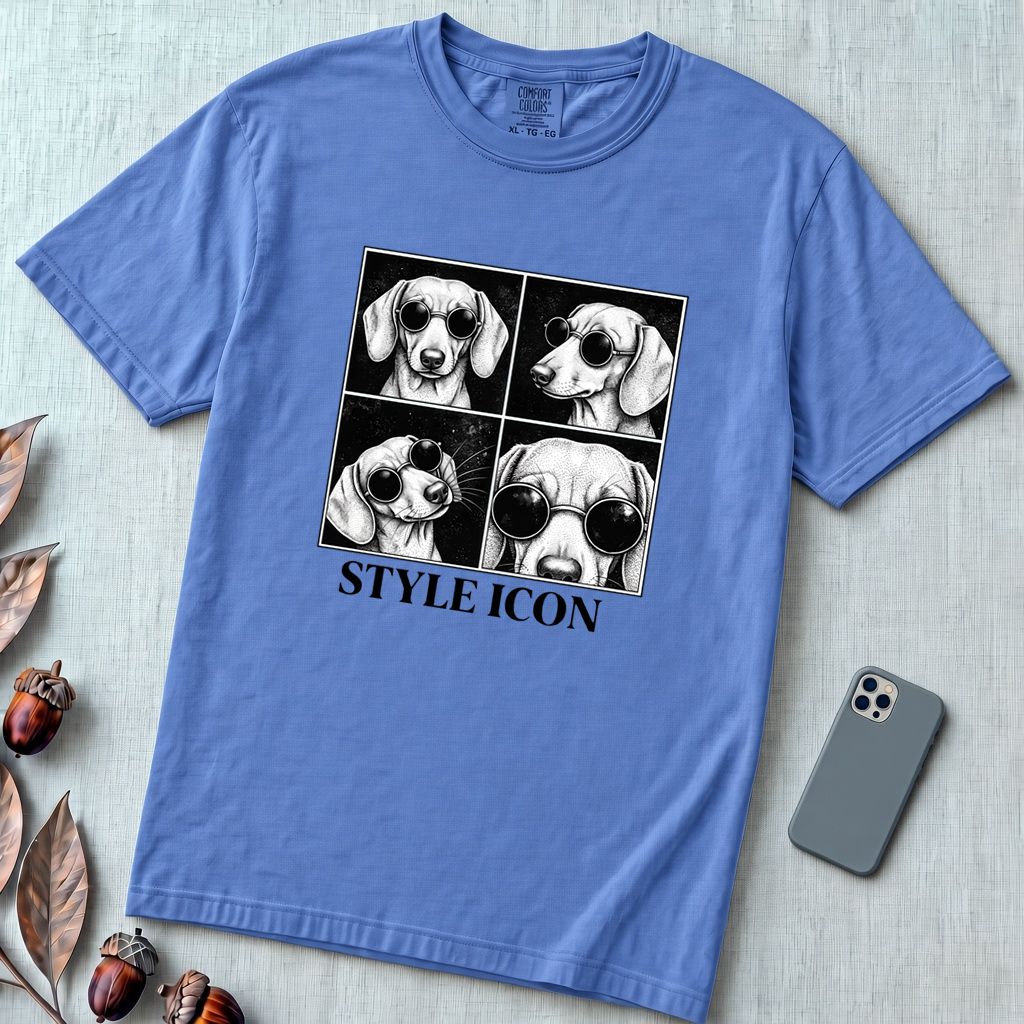 Style Icon Dachshund T-Shirt - Mystic Blue unfolded t-shirt mockup