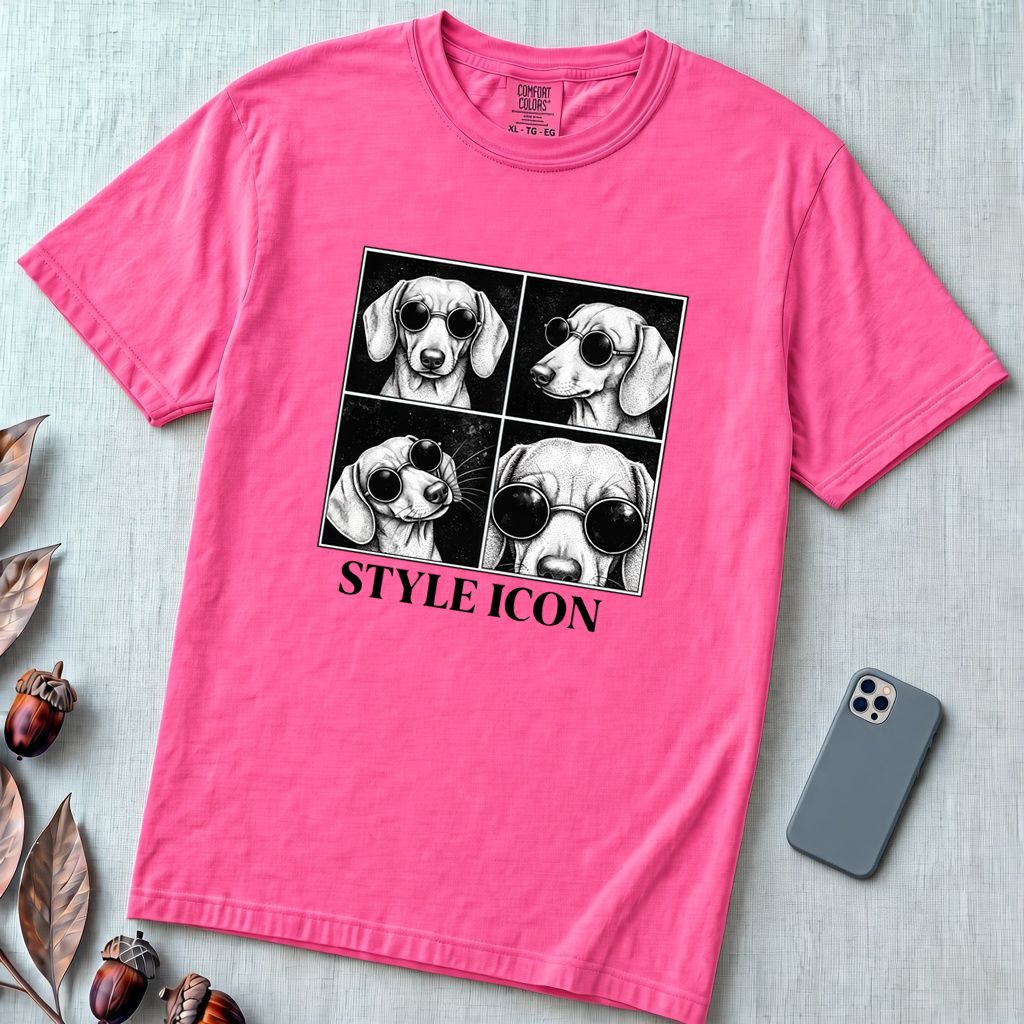 Style Icon Dachshund T-Shirt - Neon Pink unfolded t-shirt mockup