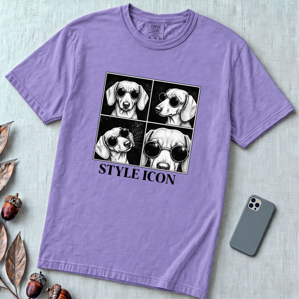 Style Icon Dachshund T-Shirt - Violet unfolded t-shirt mockup