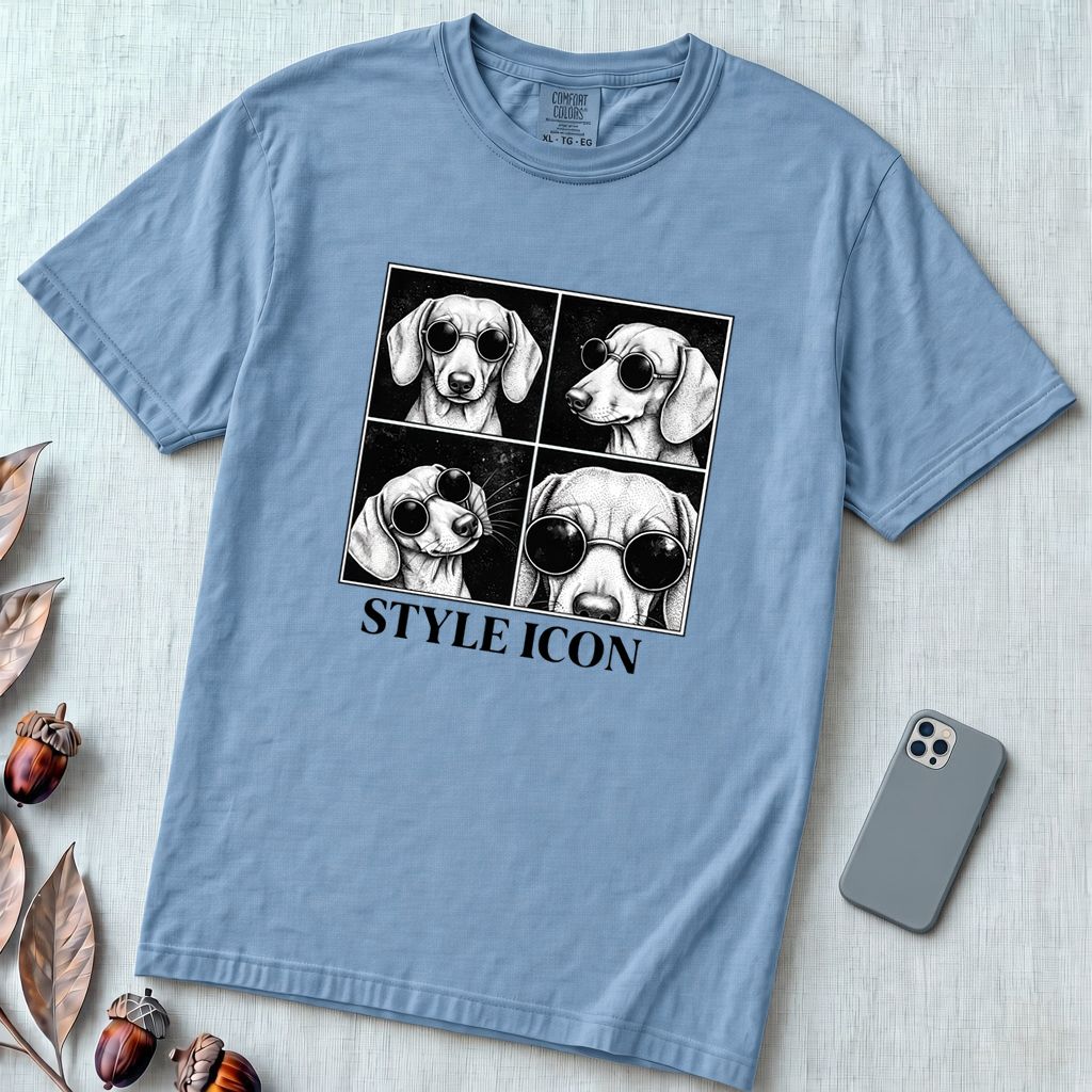 Style Icon Dachshund T-Shirt - Washed Denim unfolded t-shirt mockup