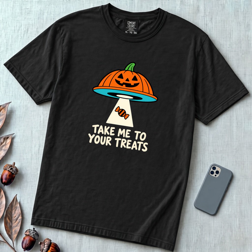 Take Me To Your Treats Halloween T-Shirt - Black unfolded t-shirt mockup
