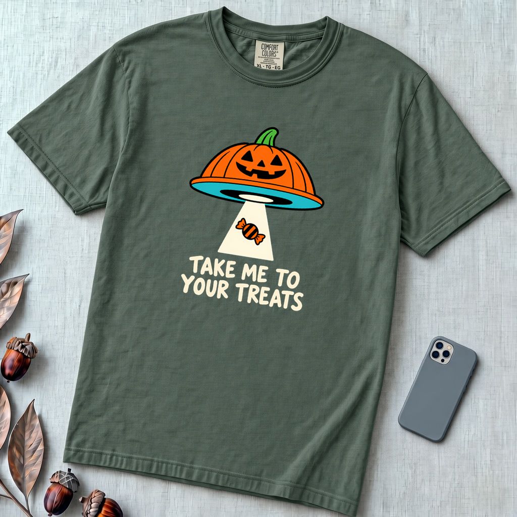 Take Me To Your Treats Halloween T-Shirt - Blue Spruce unfolded t-shirt mockup