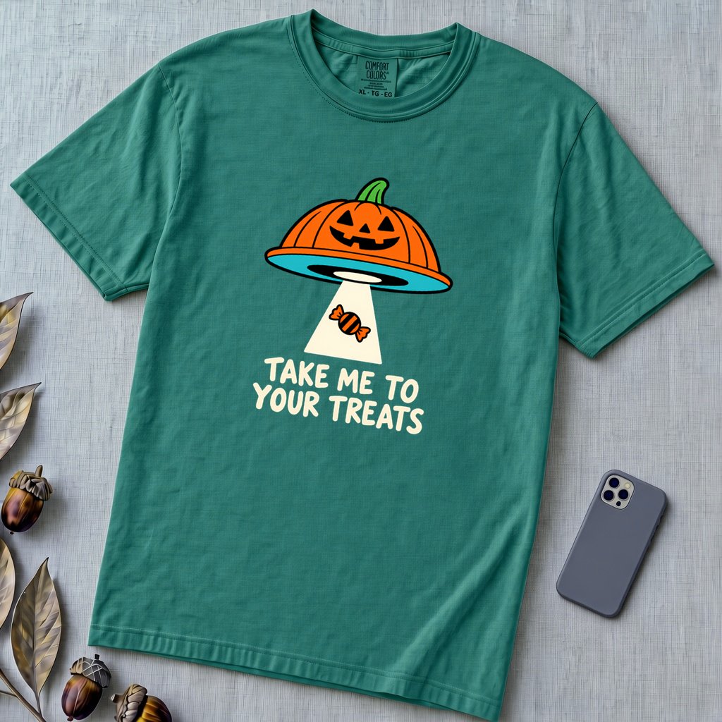 Take Me To Your Treats Halloween T-Shirt - Emerald unfolded t-shirt mockup