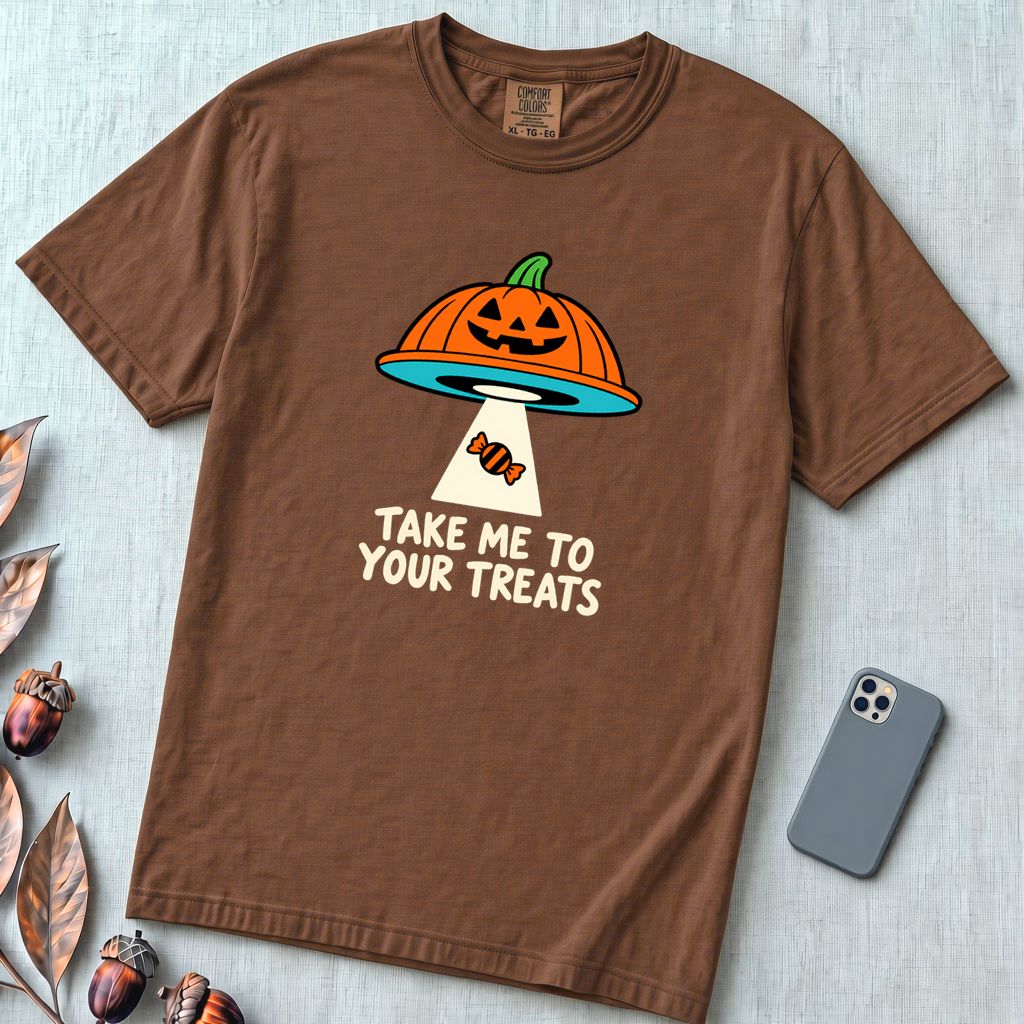 Take Me To Your Treats Halloween T-Shirt - Espresso unfolded t-shirt mockup