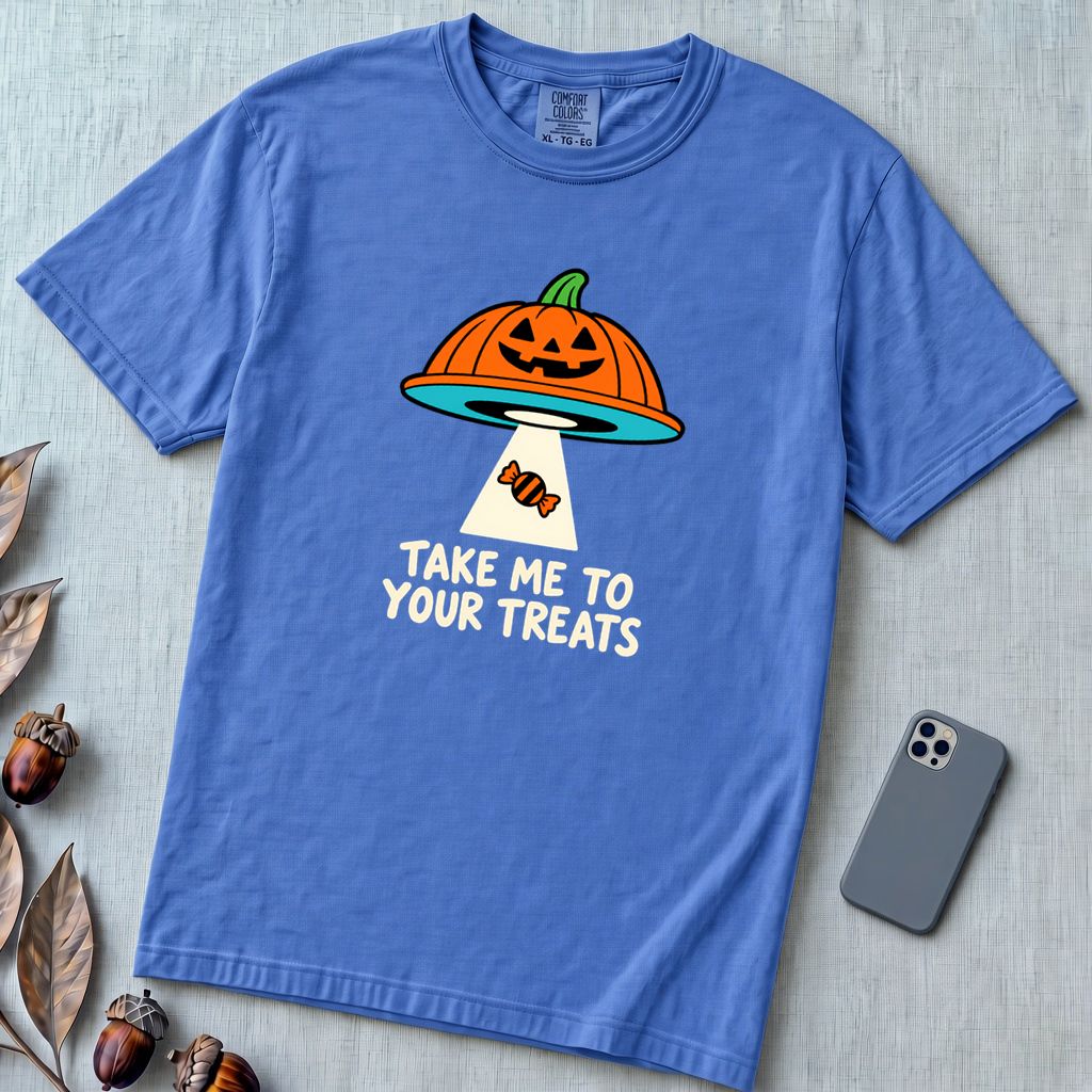 Take Me To Your Treats Halloween T-Shirt - Flo Blue unfolded t-shirt mockup