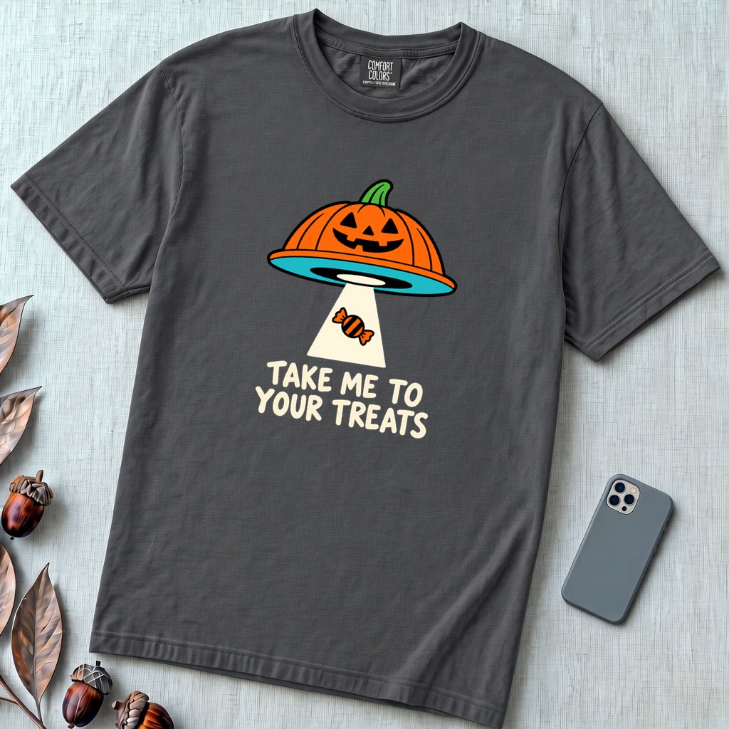 Take Me To Your Treats Halloween T-Shirt - Graphite unfolded t-shirt mockup