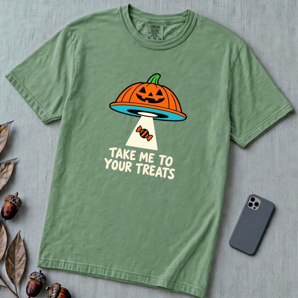 Take Me To Your Treats Halloween T-Shirt - Light Green unfolded t-shirt mockup