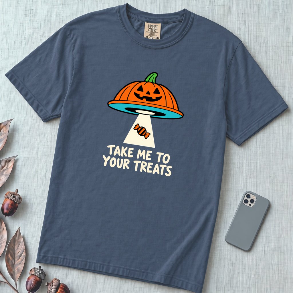 Take Me To Your Treats Halloween T-Shirt - Midnight unfolded t-shirt mockup