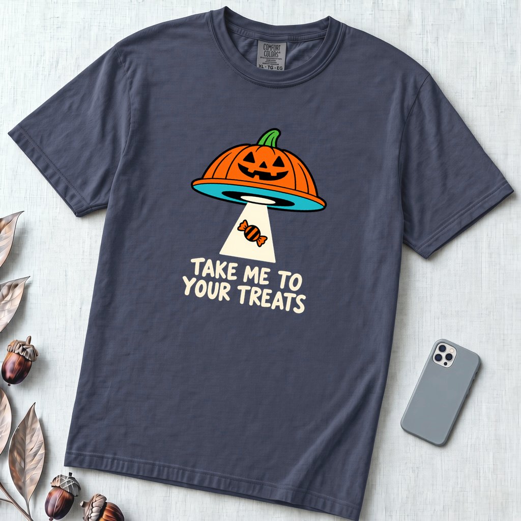 Take Me To Your Treats Halloween T-Shirt - Navy unfolded t-shirt mockup