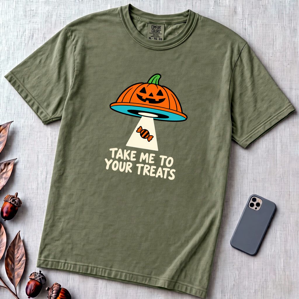 Take Me To Your Treats Halloween T-Shirt - Sage unfolded t-shirt mockup