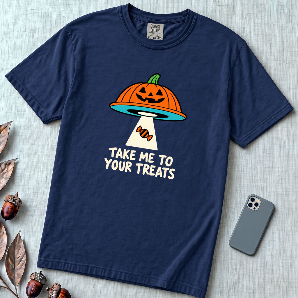 Take Me To Your Treats Halloween T-Shirt - True Navy unfolded t-shirt mockup