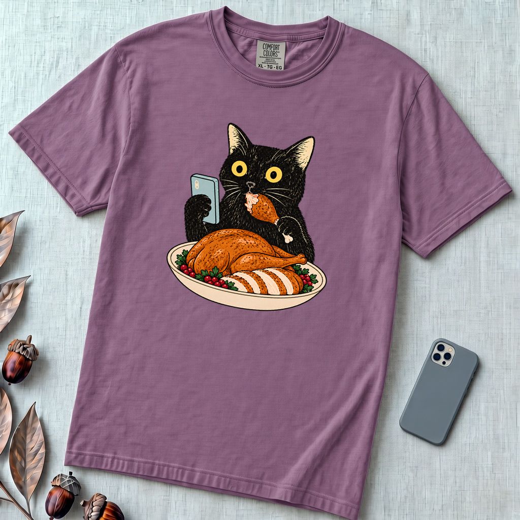Thanksgiving Turkey Thief Cat T-Shirt - Berry unfolded t-shirt mockup
