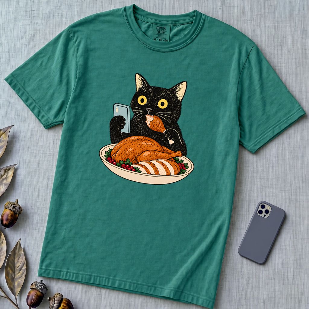Thanksgiving Turkey Thief Cat T-Shirt - Emerald unfolded t-shirt mockup