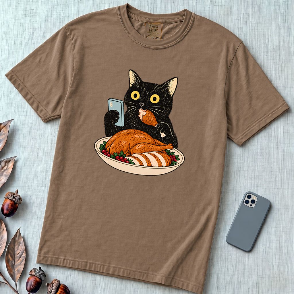 Thanksgiving Turkey Thief Cat T-Shirt - Espresso unfolded t-shirt mockup