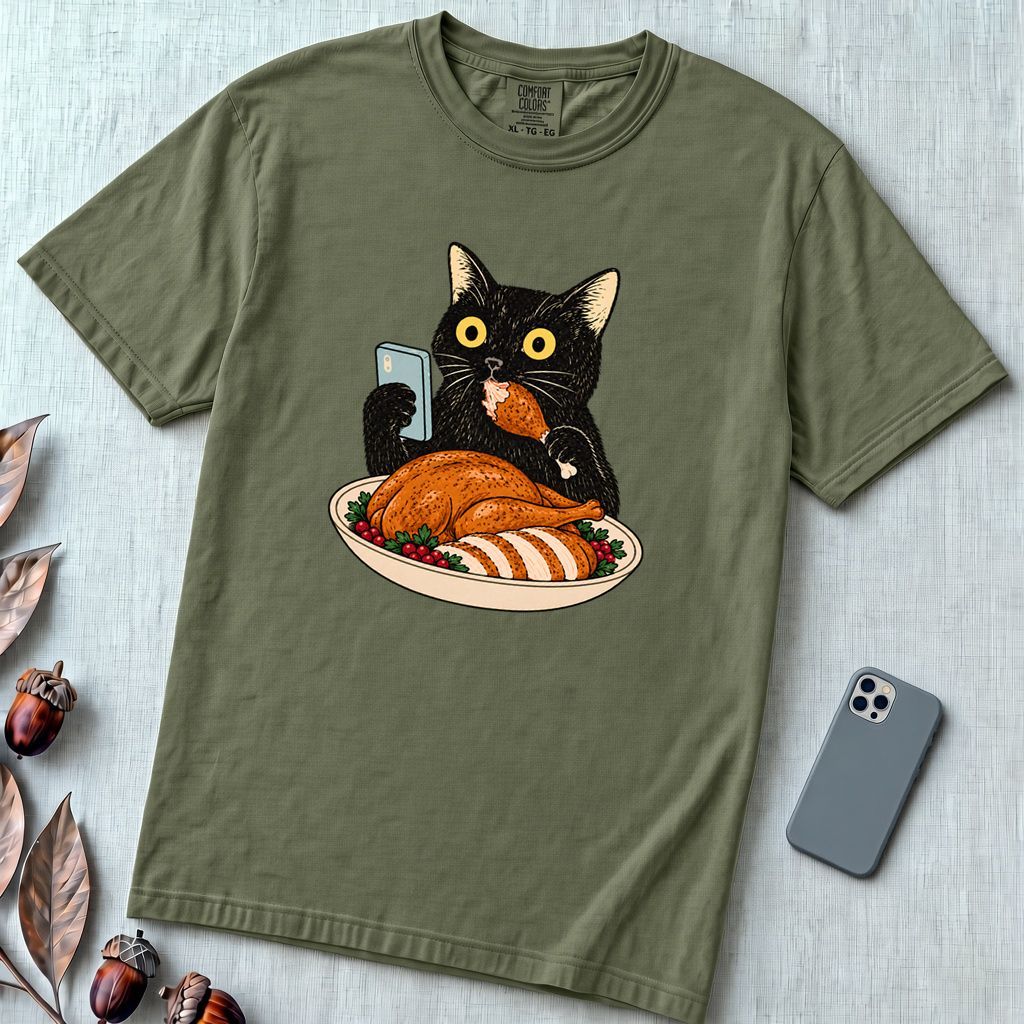 Thanksgiving Turkey Thief Cat T-Shirt - Hemp unfolded t-shirt mockup